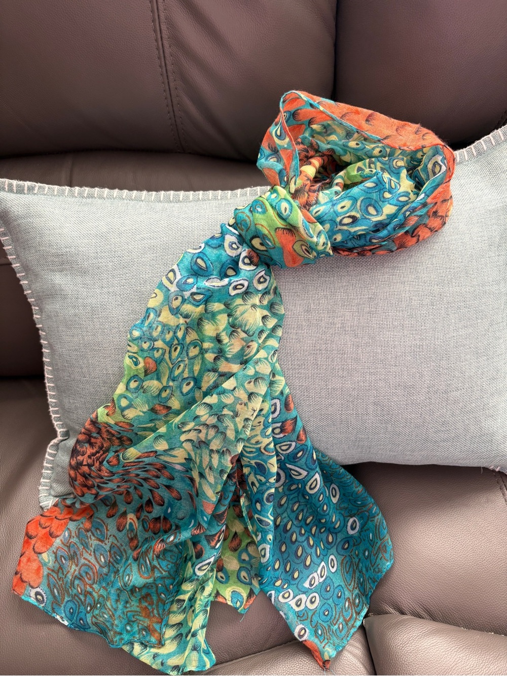 Vibrant Multicolor Peacock-Pattern Scarf - Picture 2 of 4
